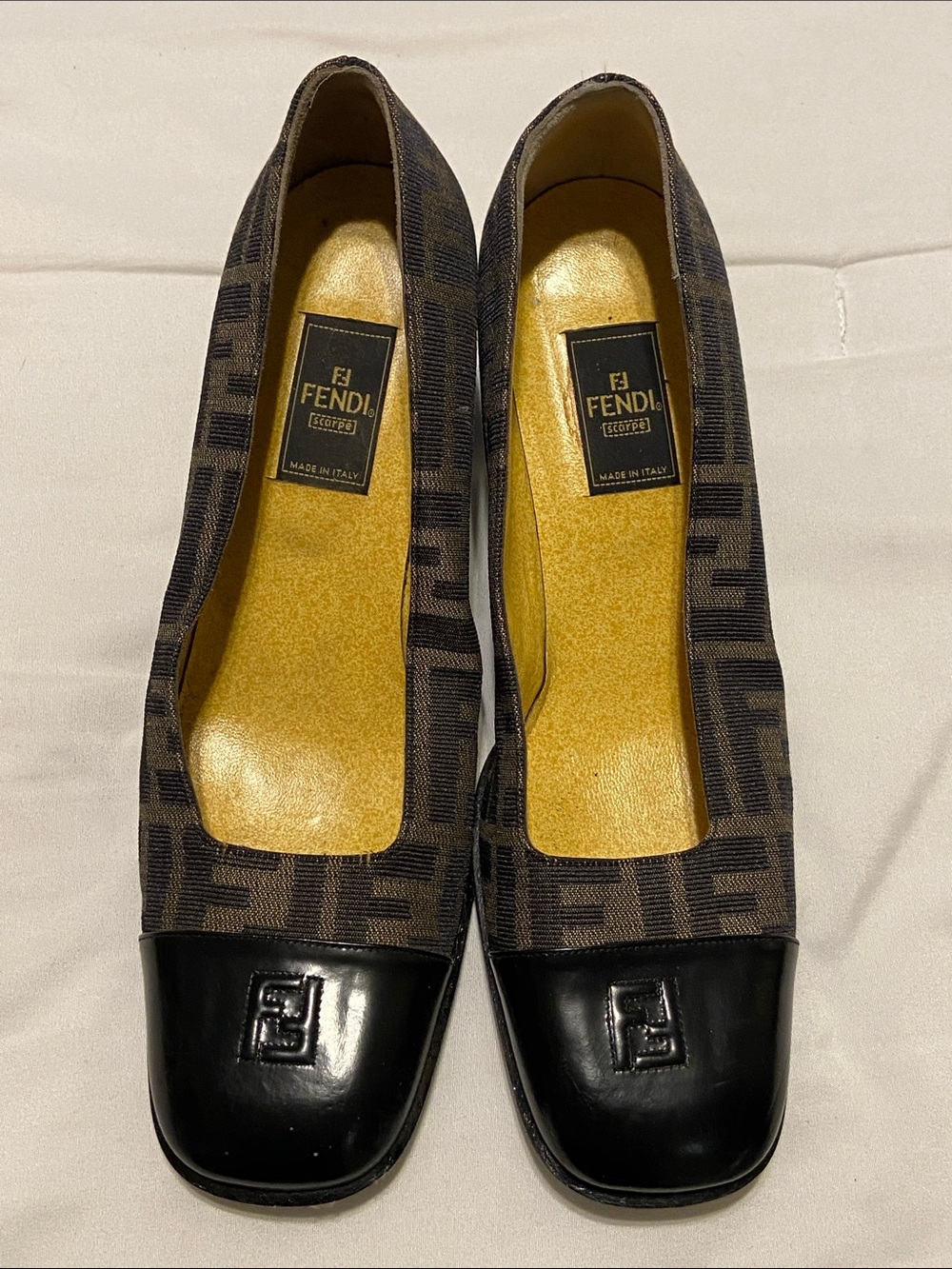 Vintage Fendi Brown Monogram Canvas heels with Black Leather Caps